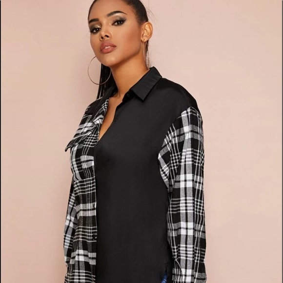 Tops - Contrast tartan button through blouse